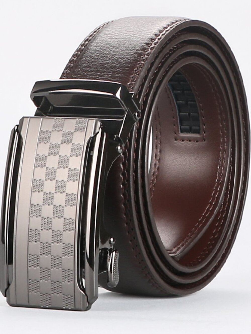 Men's Brown Leather Automatic Ratchet Belt - Checkerboard Pattern - 115cm